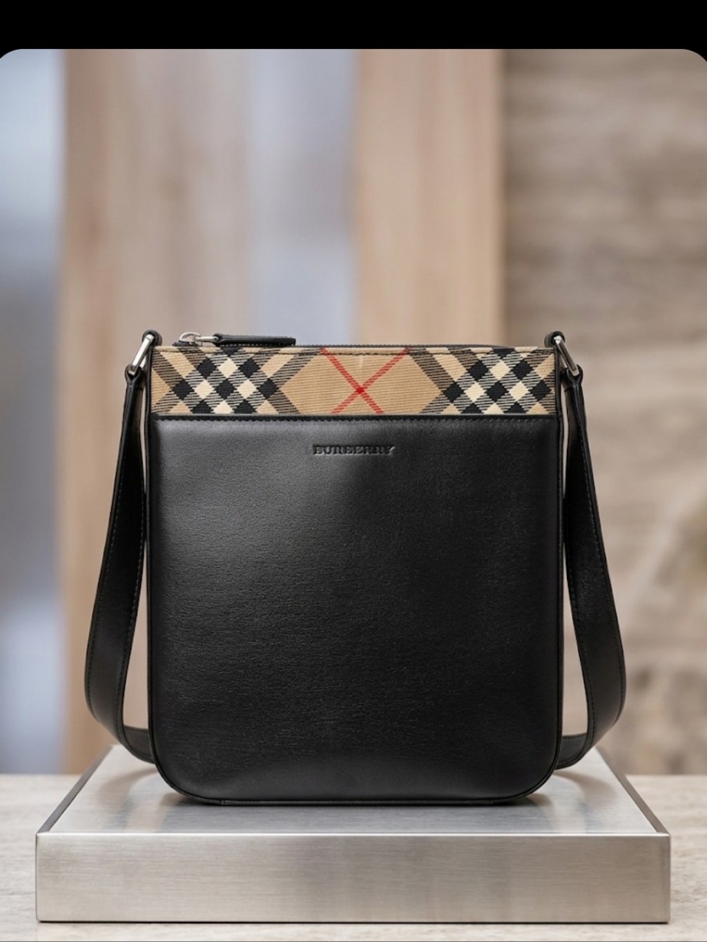 Burberry Black Leather Messenger Bag With Vintage Check Accent